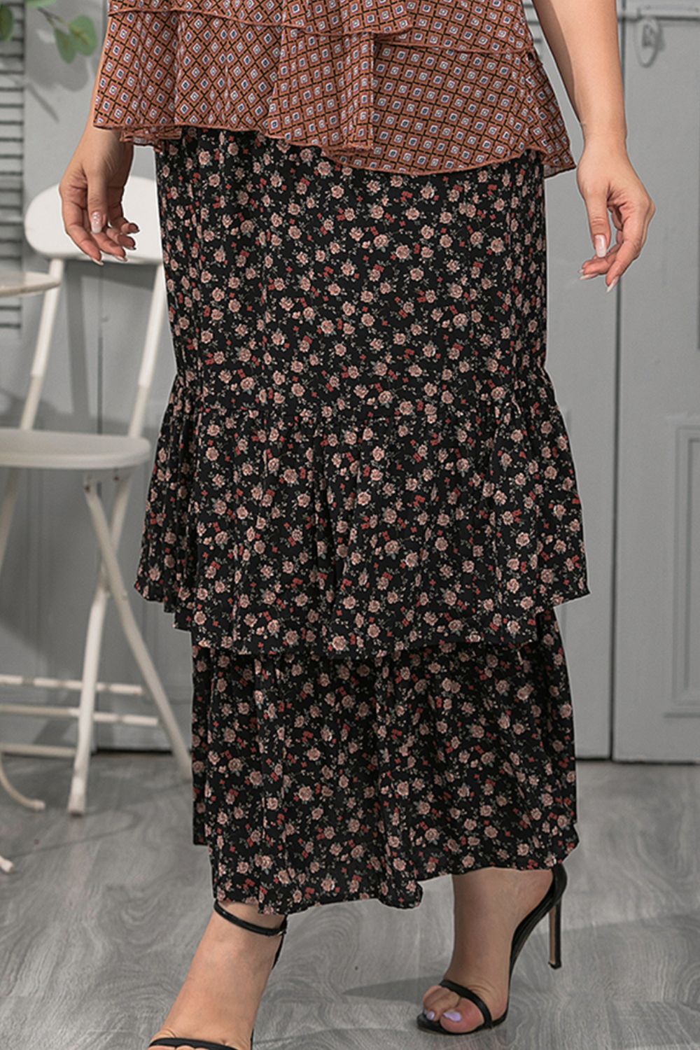 Plus Size Ditsy Floral Layered Maxi Skirt -  by Trendsi | Available at Handbags Specialist Headquarter