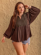 Plus Size Tie Neck Balloon Sleeve Blouse - Plus Size Shirts by Trendsi | Available at Handbags Specialist Headquarter