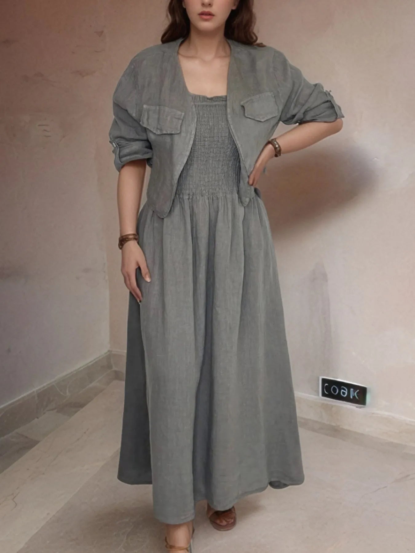 Full Size Smocked Cami Dress and Jacket Set Plus Size - Dresses by Trendsi | Available at Handbags Specialist Headquarter