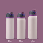 Three white water bottles with purple lids, labeled 24 oz, 32 oz, and 40 oz, on a purple background.