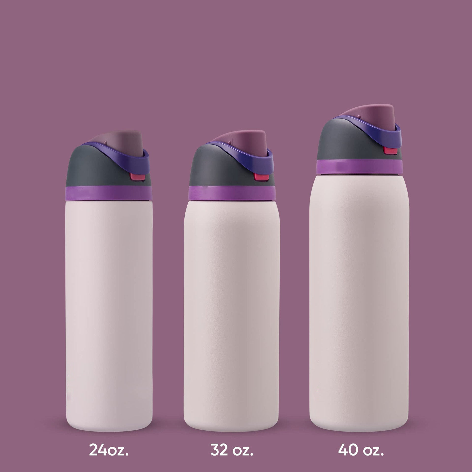 Three white water bottles with purple lids, labeled 24 oz, 32 oz, and 40 oz, on a purple background.