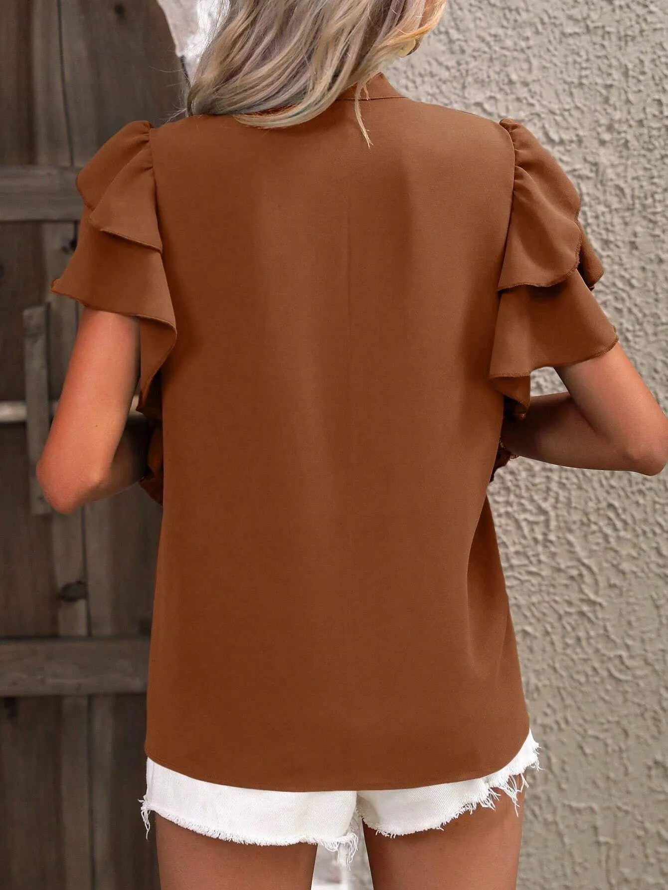 Ruffle Sleeve Notched Blouse - Tops by Trendsi | Available at Handbags Specialist Headquarter