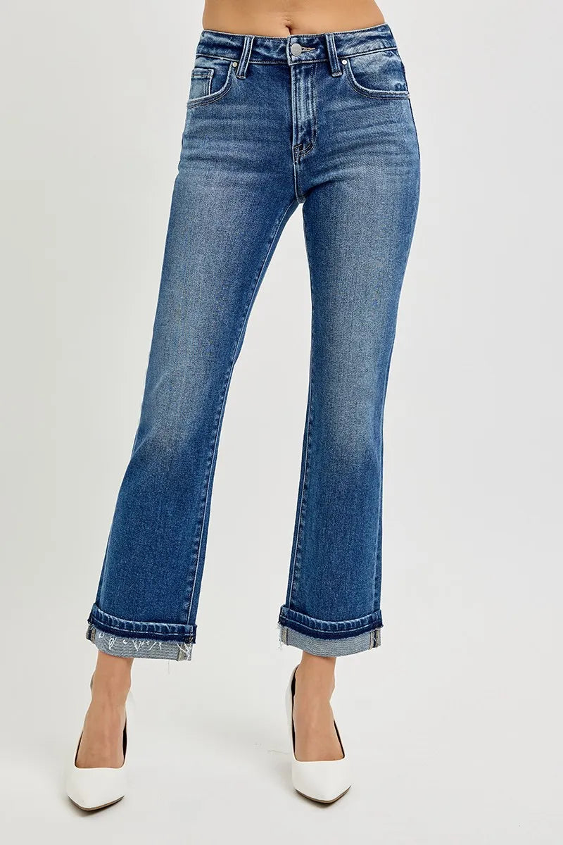 RISEN Mid Rise Ankle Straight Cuffed Jeans - Women / Jeans & Denim by Trendsi | Available at Handbags Specialist Headquarter