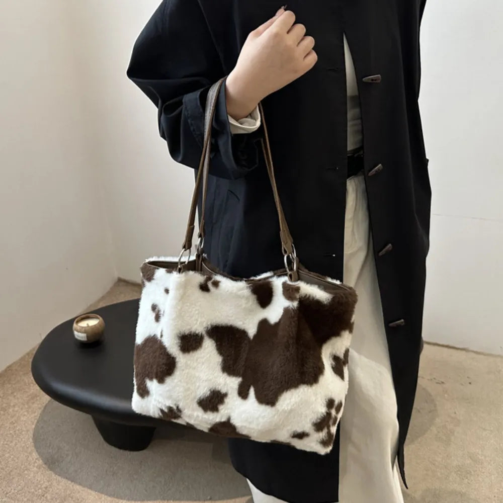 Cow Print Furry Tote Bag - Tote Bag by Trendsi | Available at Handbags Specialist Headquarter