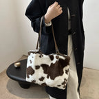 Cow Print Furry Tote Bag - Tote Bag by Trendsi | Available at Handbags Specialist Headquarter