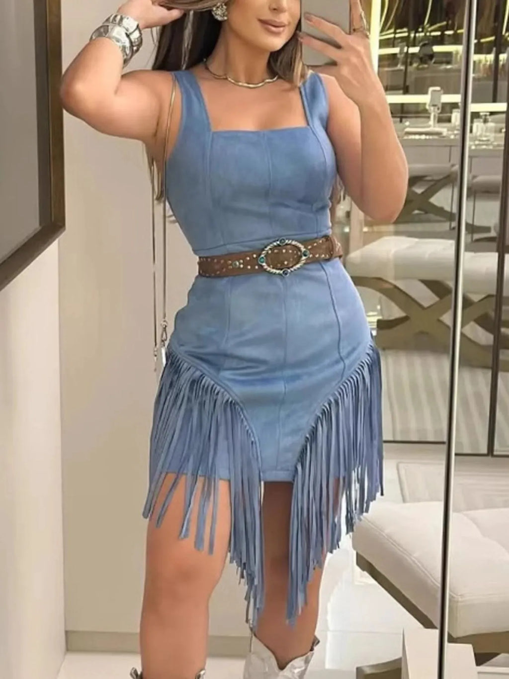 Fringe Square Neck Bodycon Mini Dress - Maxi Dress by Trendsi | Available at Handbags Specialist Headquarter