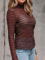 Sheer Mesh Patterned Lettuce Trim Slim Long Sleeve Top - Tops by Trendsi | Available at Handbags Specialist Headquarter