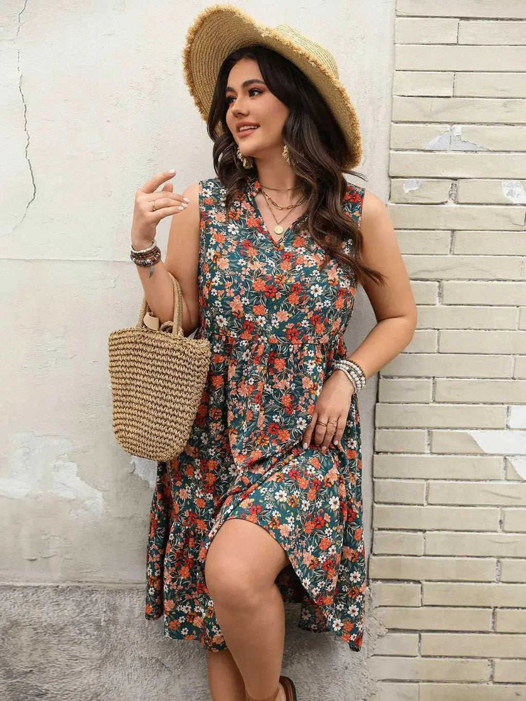 Plus Size Floral Notched Sleeveless Dress - Women Plus Size by Trendsi | Available at Handbags Specialist Headquarter