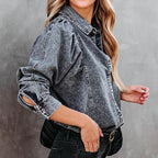 Collared Neck Buttoned Denim Shirt - Women / Jeans & Denim by Trendsi | Available at Handbags Specialist Headquarter