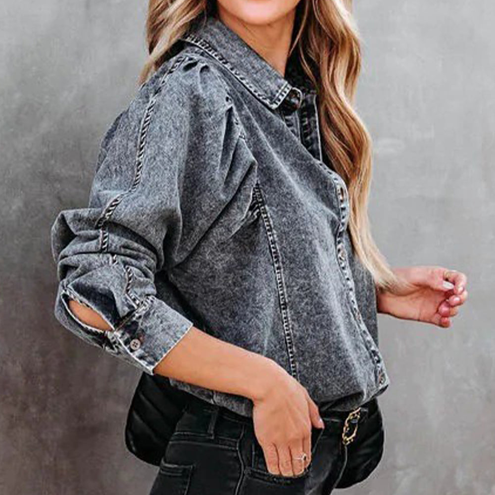 Collared Neck Buttoned Denim Shirt - Women / Jeans & Denim by Trendsi | Available at Handbags Specialist Headquarter