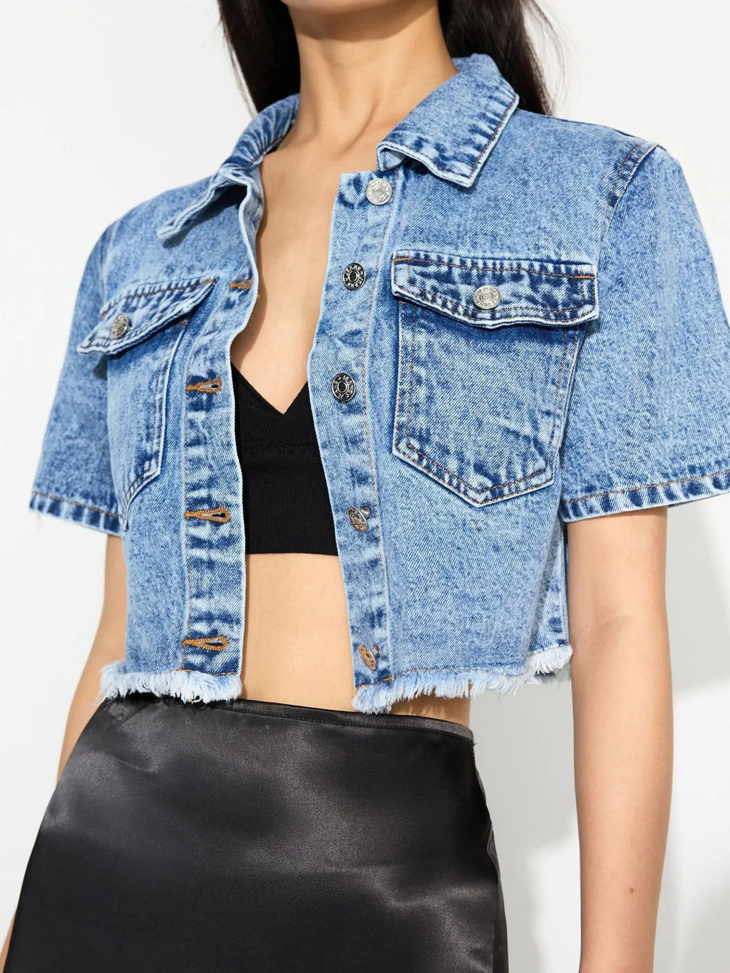 Cropped Short Sleeve Denim Jacket with Frayed Hem - Women / Jeans & Denim by Trendsi | Available at Handbags Specialist Headquarter