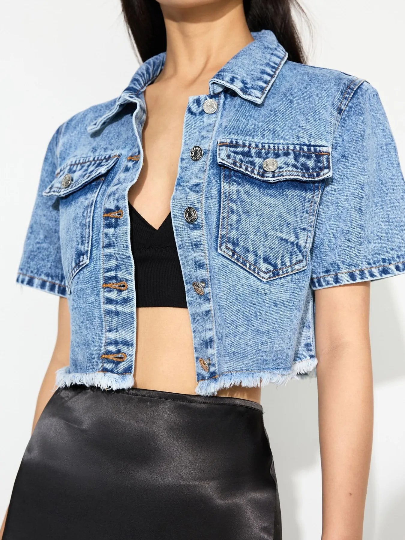 Cropped Short Sleeve Denim Jacket with Frayed Hem - Women / Jeans & Denim by Trendsi | Available at Handbags Specialist Headquarter