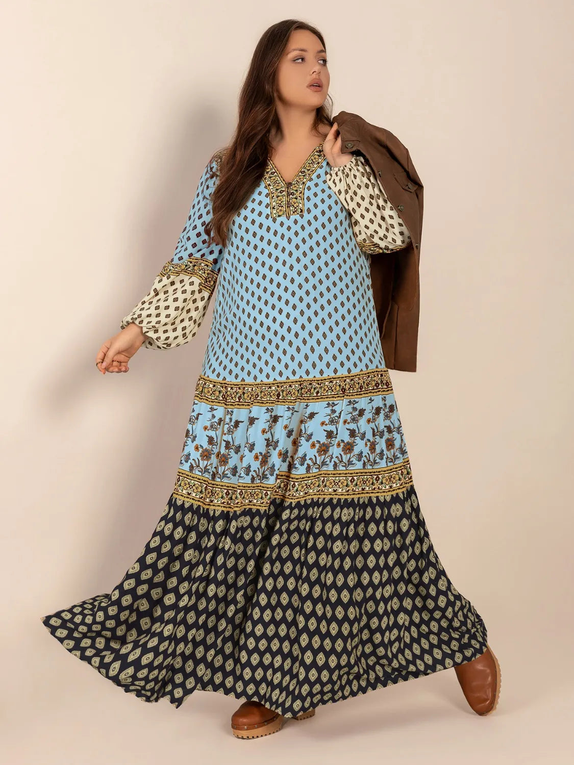 Plus Size Printed V-Neck Balloon Sleeve Maxi Dress - Dresses by Trendsi | Available at Handbags Specialist Headquarter