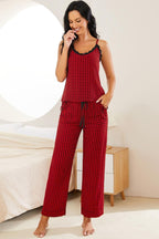 Plaid Lace Trim Cami and Drawstring Pants Pajama Set - sleepwear by Trendsi | Available at Handbags Specialist Headquarter