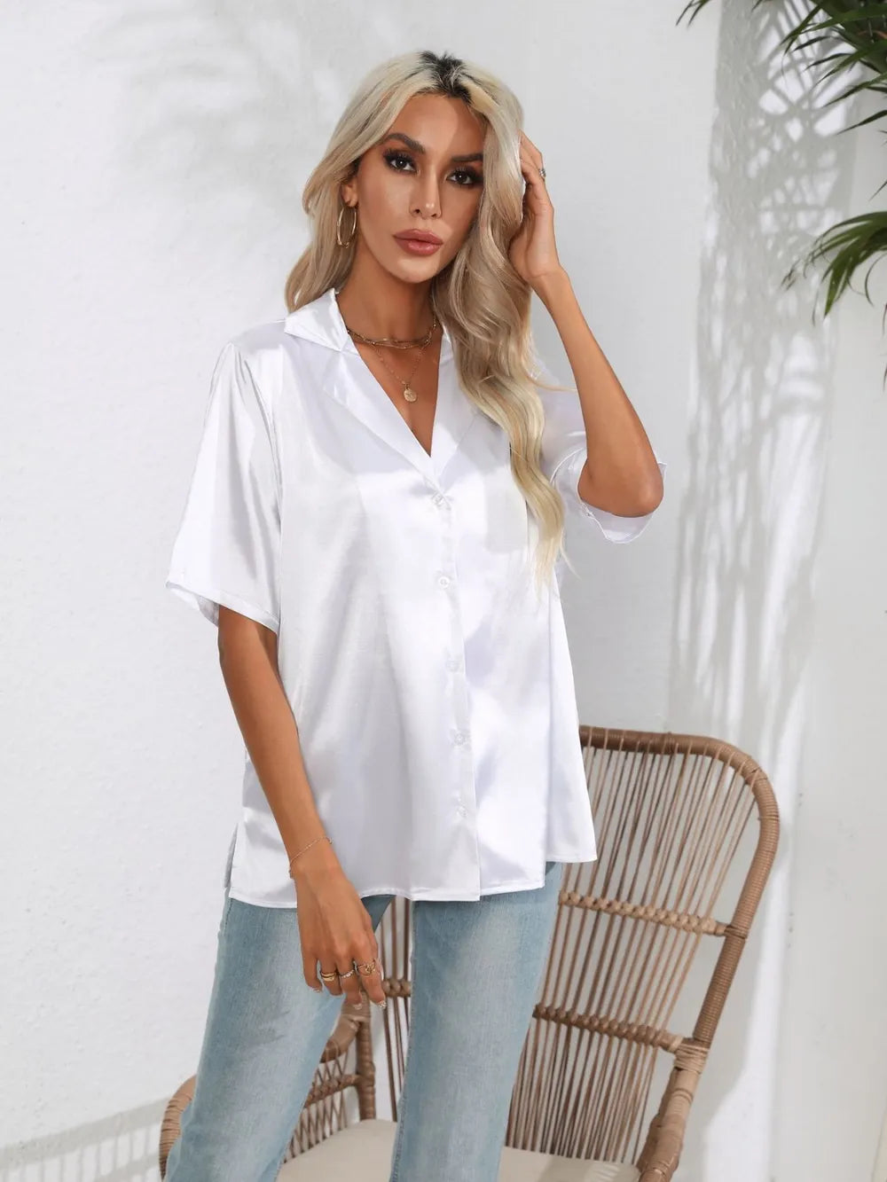 Button Down Short Sleeve Shirt - Women's Down Shirt Tops by Trendsi | Available at Handbags Specialist Headquarter