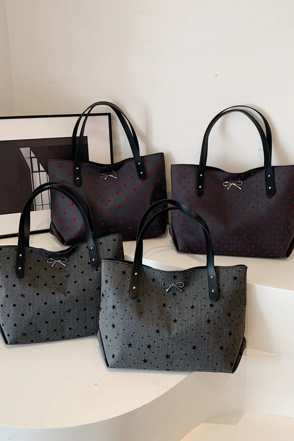 Polyester Bow Polka Dot Tote Bag - Tote Bag by Trendsi | Available at Handbags Specialist Headquarter