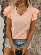 Eyelet V-Neck Ruffled Cap Sleeve Top - Tops by Trendsi | Available at Handbags Specialist Headquarter