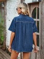 Pocketed Button Up Short Sleeve Denim Shirt - Women / Jeans & Denim by Trendsi | Available at Handbags Specialist Headquarter