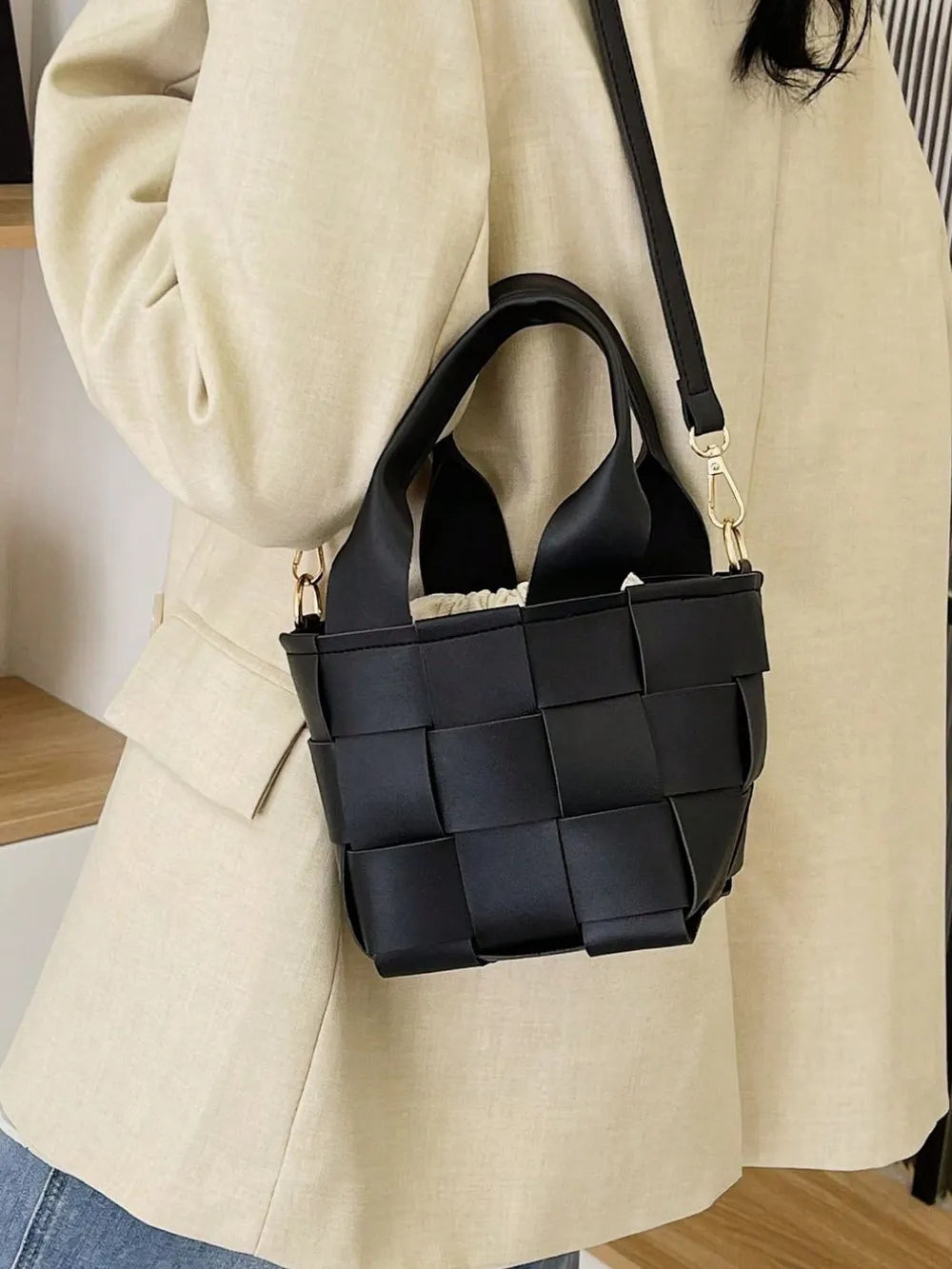 PU Leather Braided Bucket Bag - Tote Bag by Trendsi | Available at Handbags Specialist Headquarter