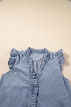 Frilly Ruffle Trim V Neck Chambray Tank - Women / Jeans & Denim by Trendsi | Available at Handbags Specialist Headquarter