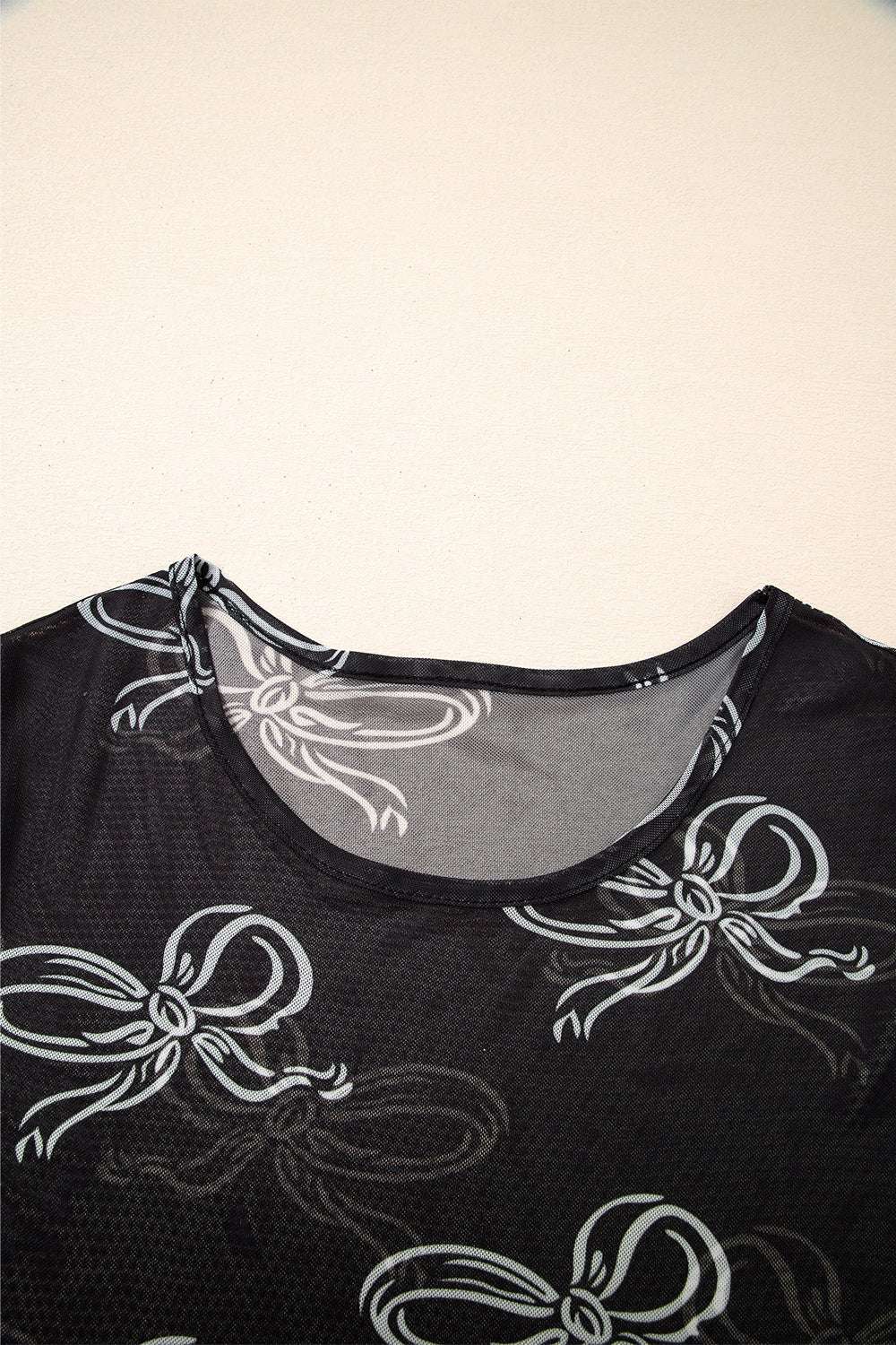 Bow Mesh Round Neck Short Sleeve T-Shirt - Women / Tops by Trendsi | Available at Handbags Specialist Headquarter