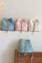Chain Drawstring Raw Edge Denim Bucket Bag - Crossbody Bag by Trendsi | Available at Handbags Specialist Headquarter