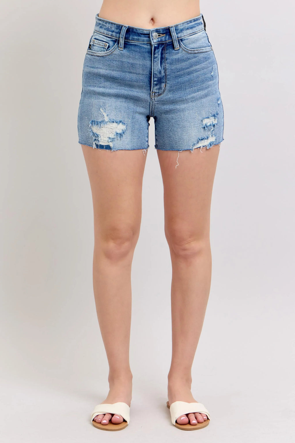 Judy Blue Full Size High Waist Denim Shorts W/stitch Over Destroy Detail Plus Size - Women / Jeans & Denim by Trendsi | Available at Handbags Specialist Headquarter