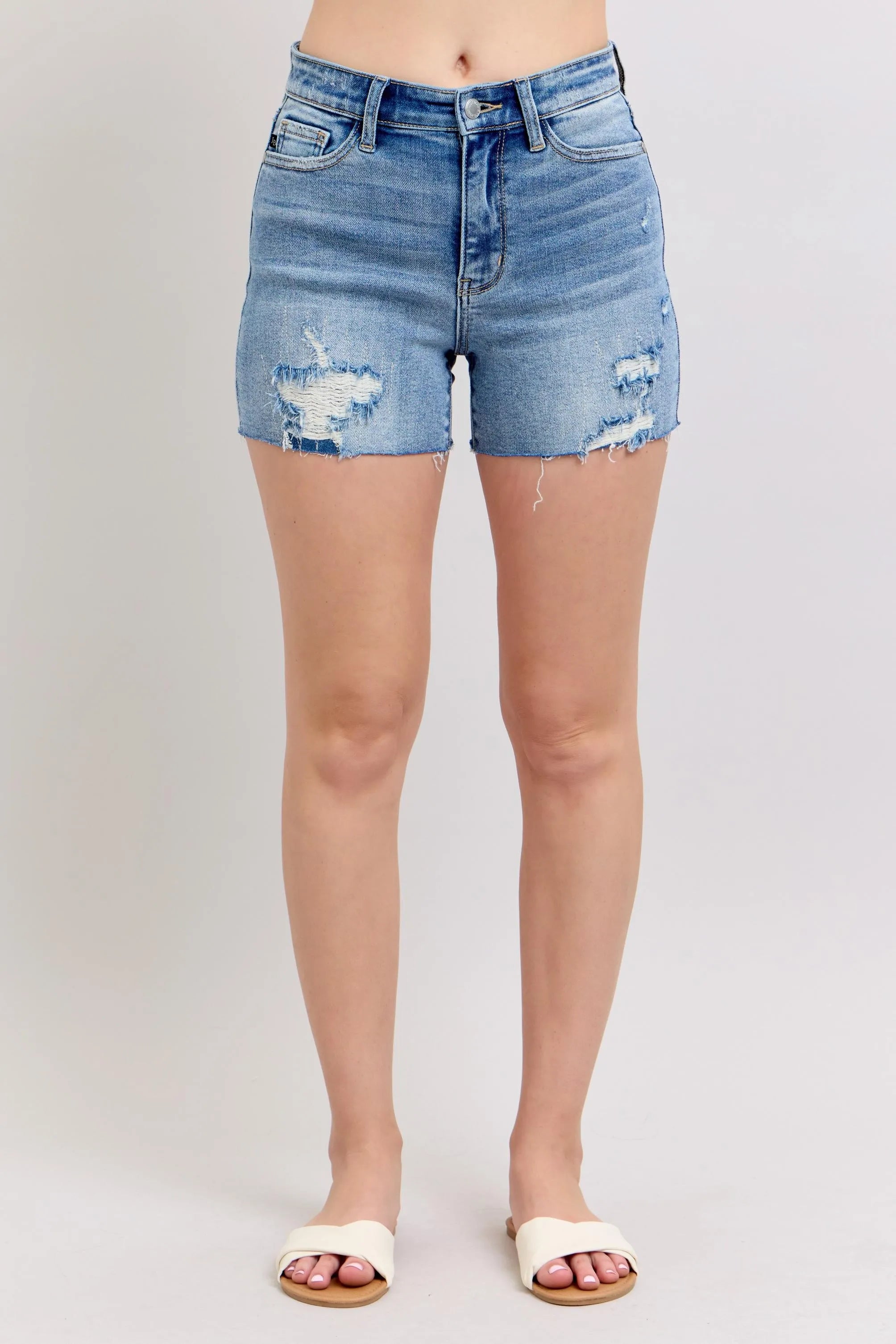 Judy Blue Full Size High Waist Denim Shorts W/stitch Over Destroy Detail Plus Size - Women / Jeans & Denim by Trendsi | Available at Handbags Specialist Headquarter