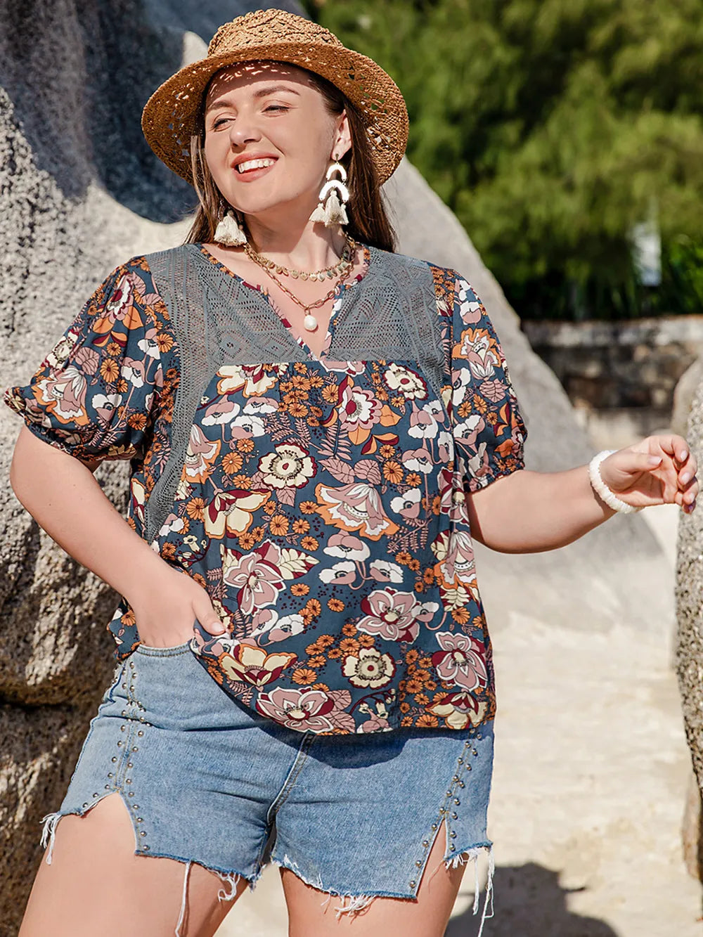 Plus Size Printed Notched Half Sleeve Blouse - Plus Size Shirts by Trendsi | Available at Handbags Specialist Headquarter