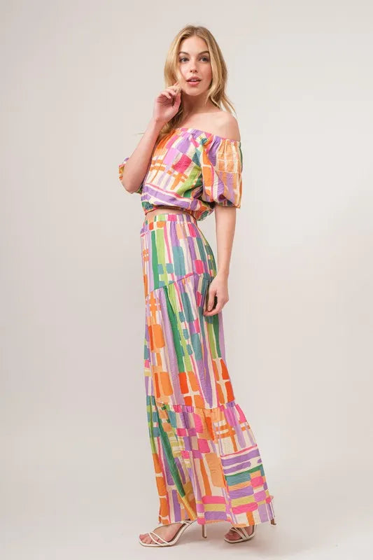 And The Why Asymmetric Geo Printed Tiered Maxi Skirt - Skirts by Trendsi | Available at Handbags Specialist Headquarter
