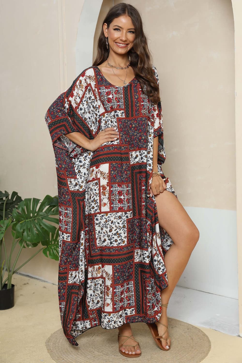 Printed V-Neck Split Maxi Dress - Maxi Dress by Trendsi | Available at Handbags Specialist Headquarter