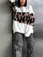 Leopard Color Block Round Neck Sweater - Tops by Trendsi | Available at Handbags Specialist Headquarter