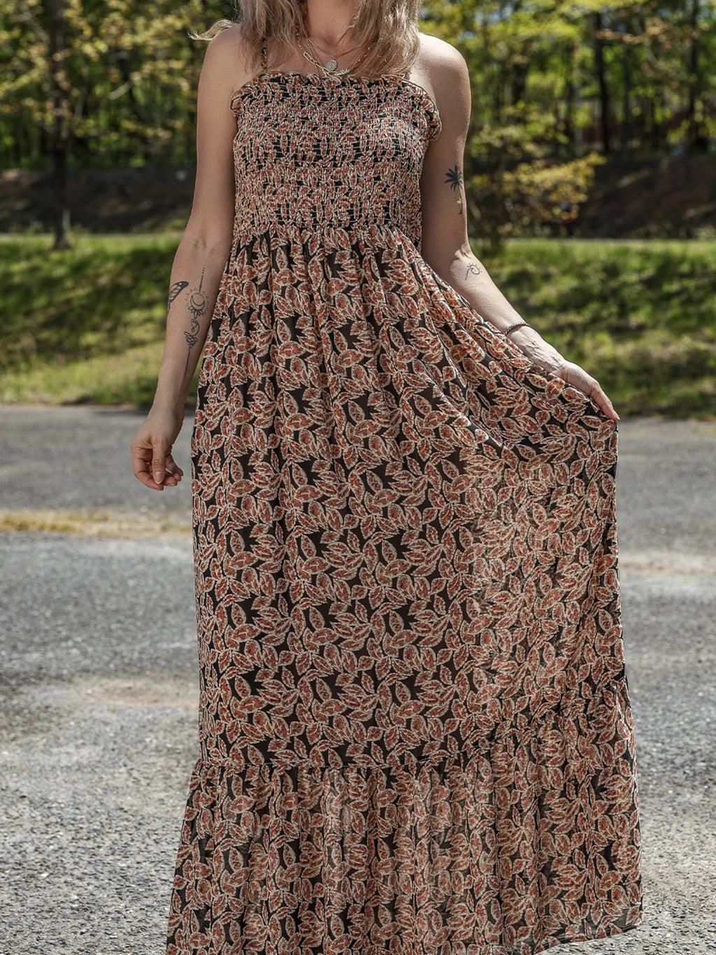 Printed Smocked Bodice Maxi Dress - Maxi Dress by Trendsi | Available at Handbags Specialist Headquarter