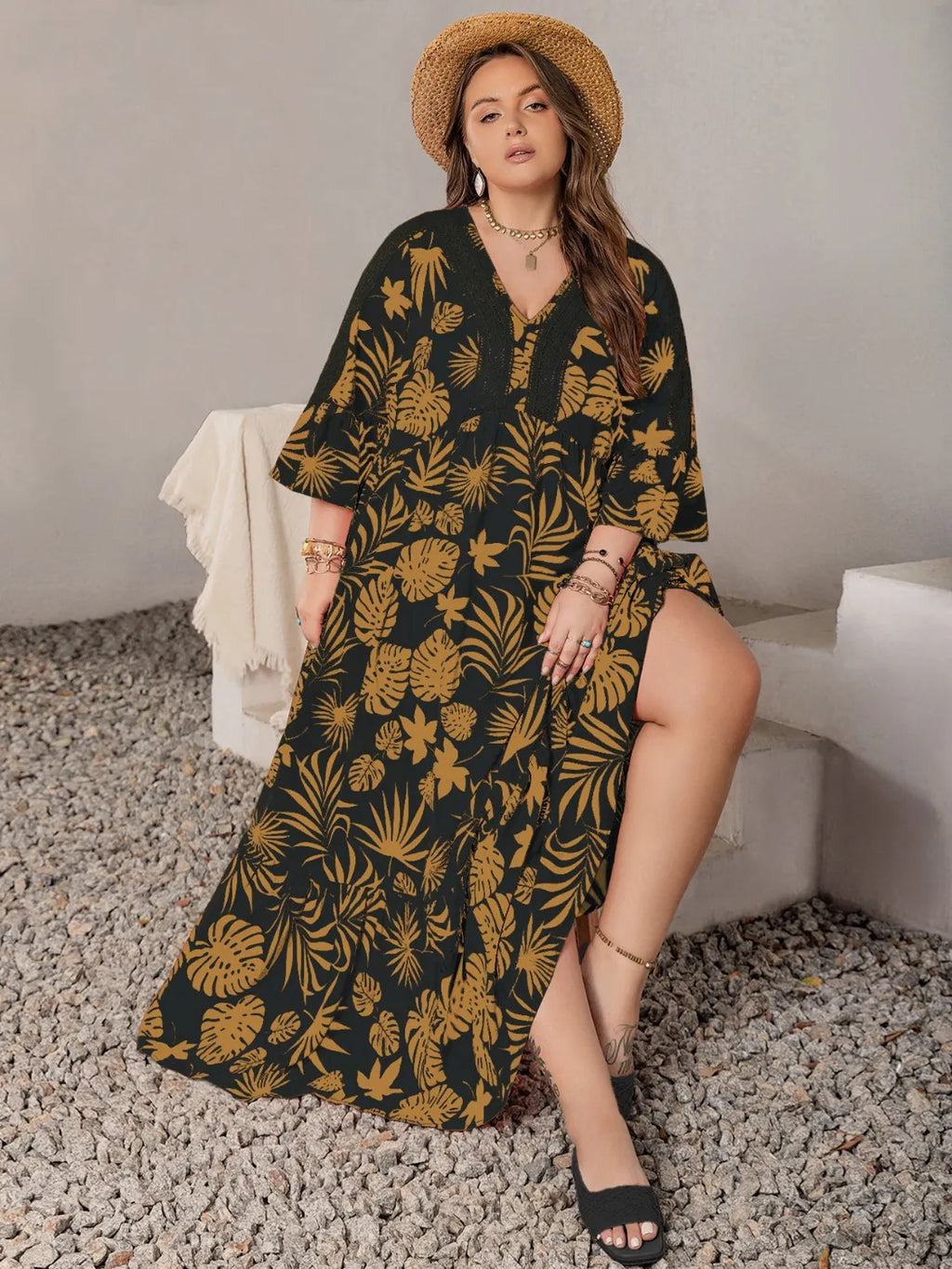 Plus Size Lace Detail Tropical Print Three-Quarter Sleeve Maxi Dress - Dresses by Trendsi | Available at Handbags Specialist Headquarter
