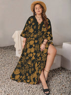 Plus Size Lace Detail Tropical Print Three-Quarter Sleeve Maxi Dress - Dresses by Trendsi | Available at Handbags Specialist Headquarter
