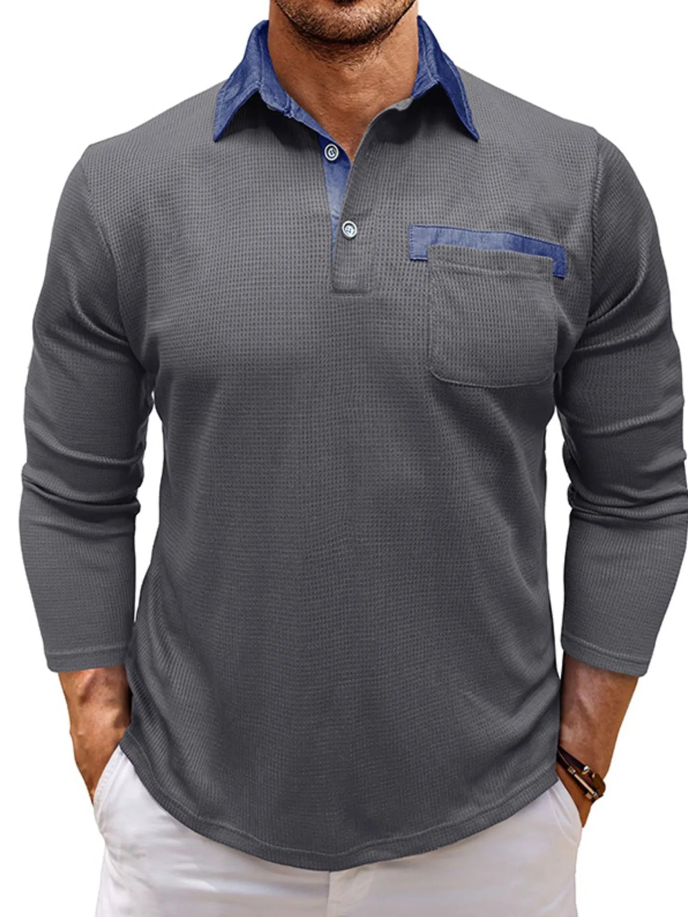 Men's Contrast Collar Long Sleeve Casual Polo Shirt - Men's Polo shirt by Trendsi | Available at Handbags Specialist Headquarter