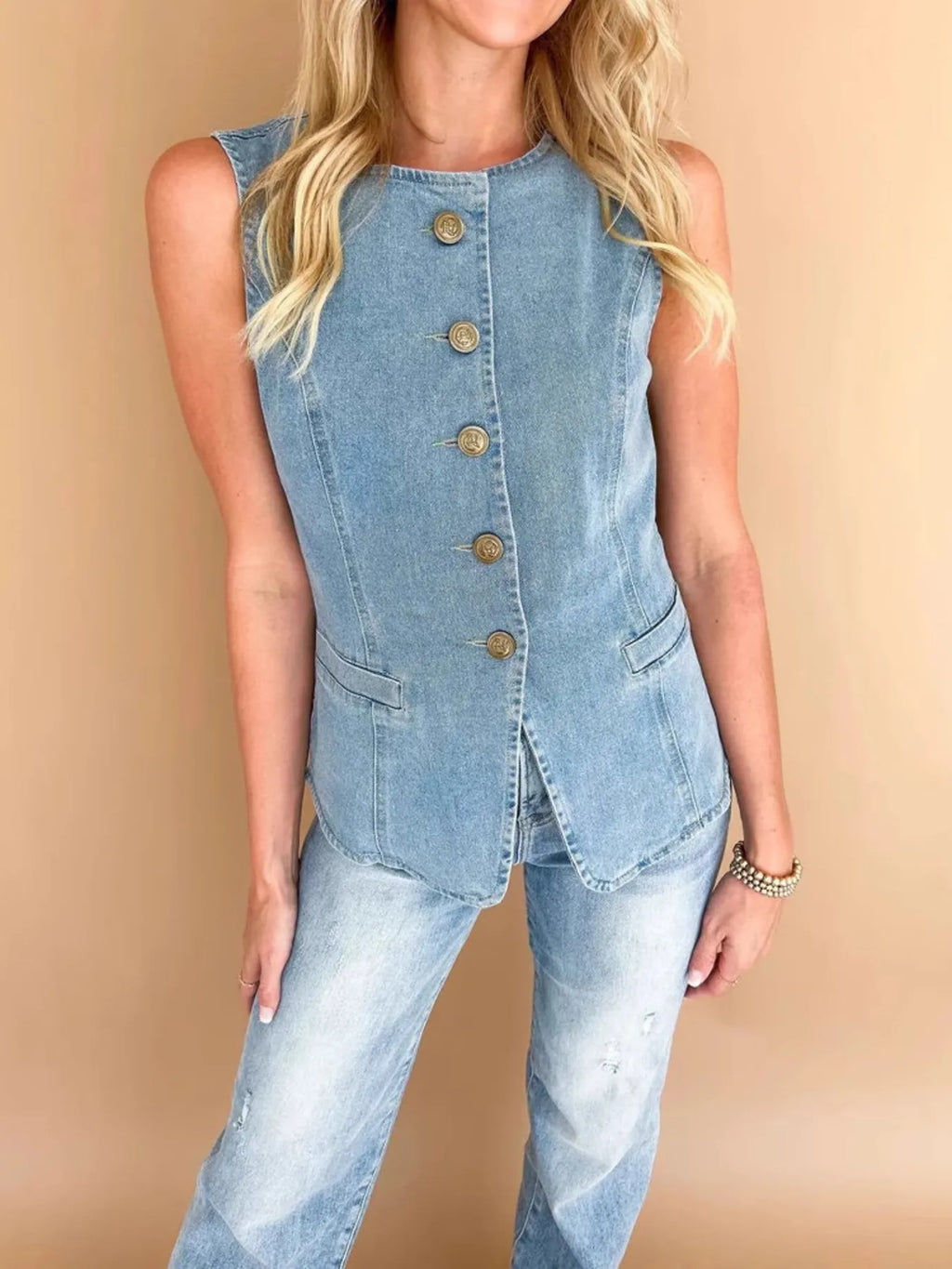 Sleeveless Button-Front Denim Vest - Women / Jeans & Denim by Trendsi | Available at Handbags Specialist Headquarter