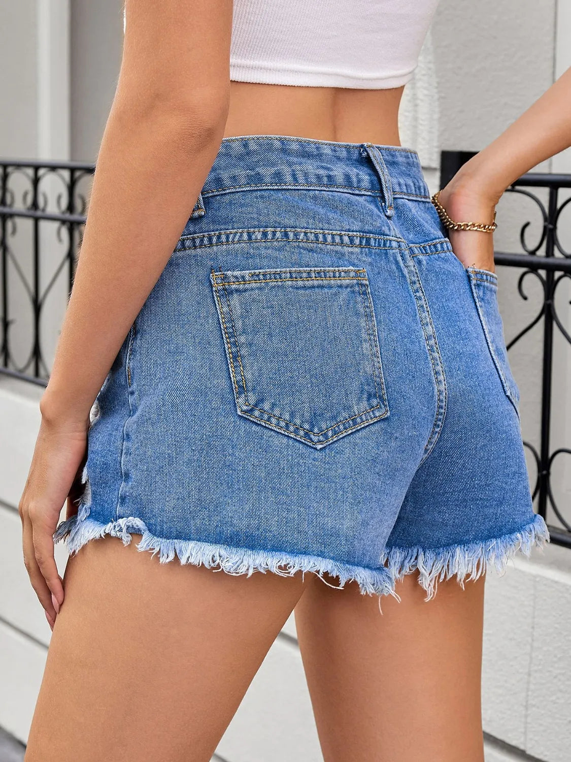 Distressed Raw Hem Denim Shorts - Women / Jeans & Denim by Trendsi | Available at Handbags Specialist Headquarter