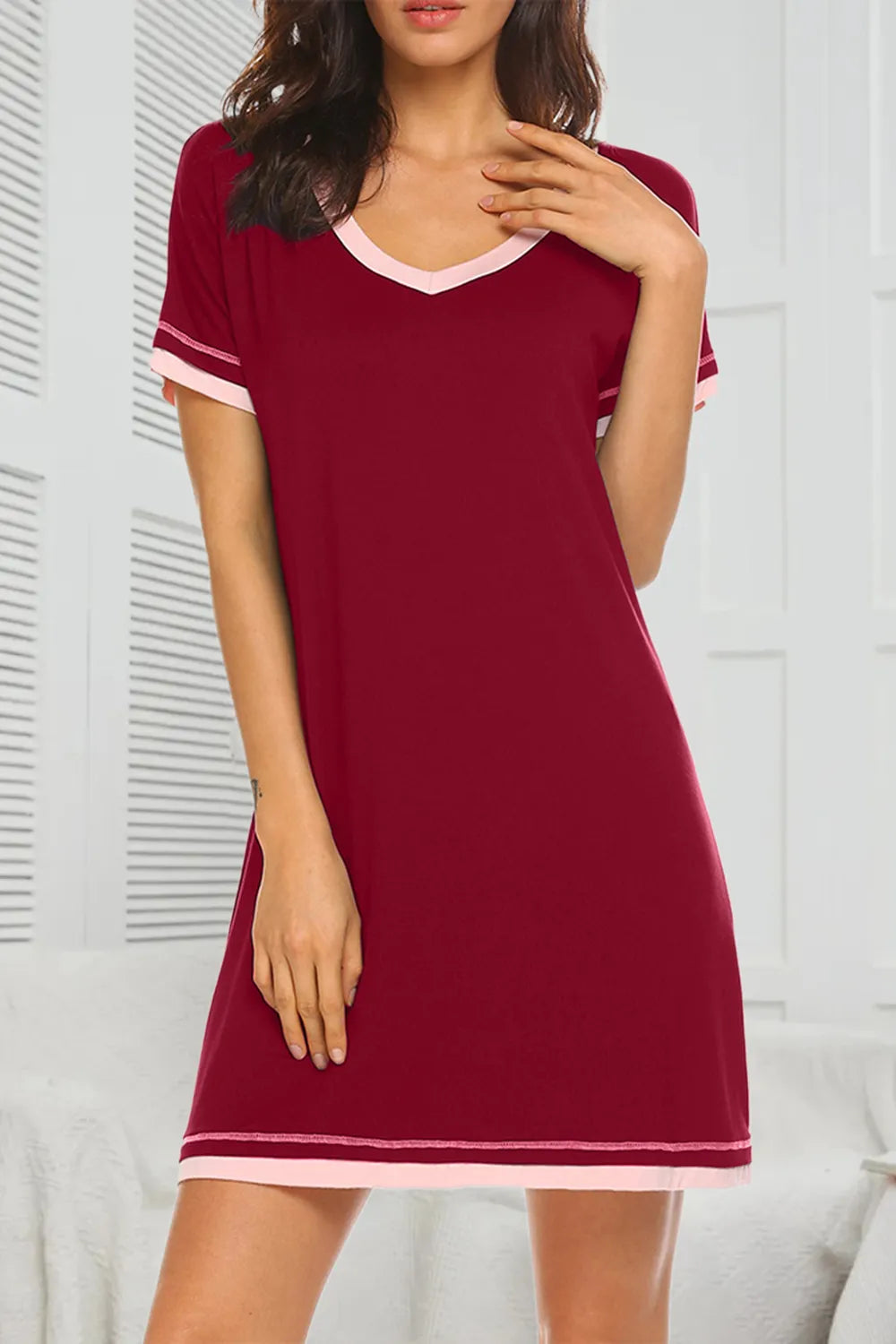 Contrast Trim Short Sleeve Lounge Dress - Sleepwear by Trendsi | Available at Handbags Specialist Headquarter
