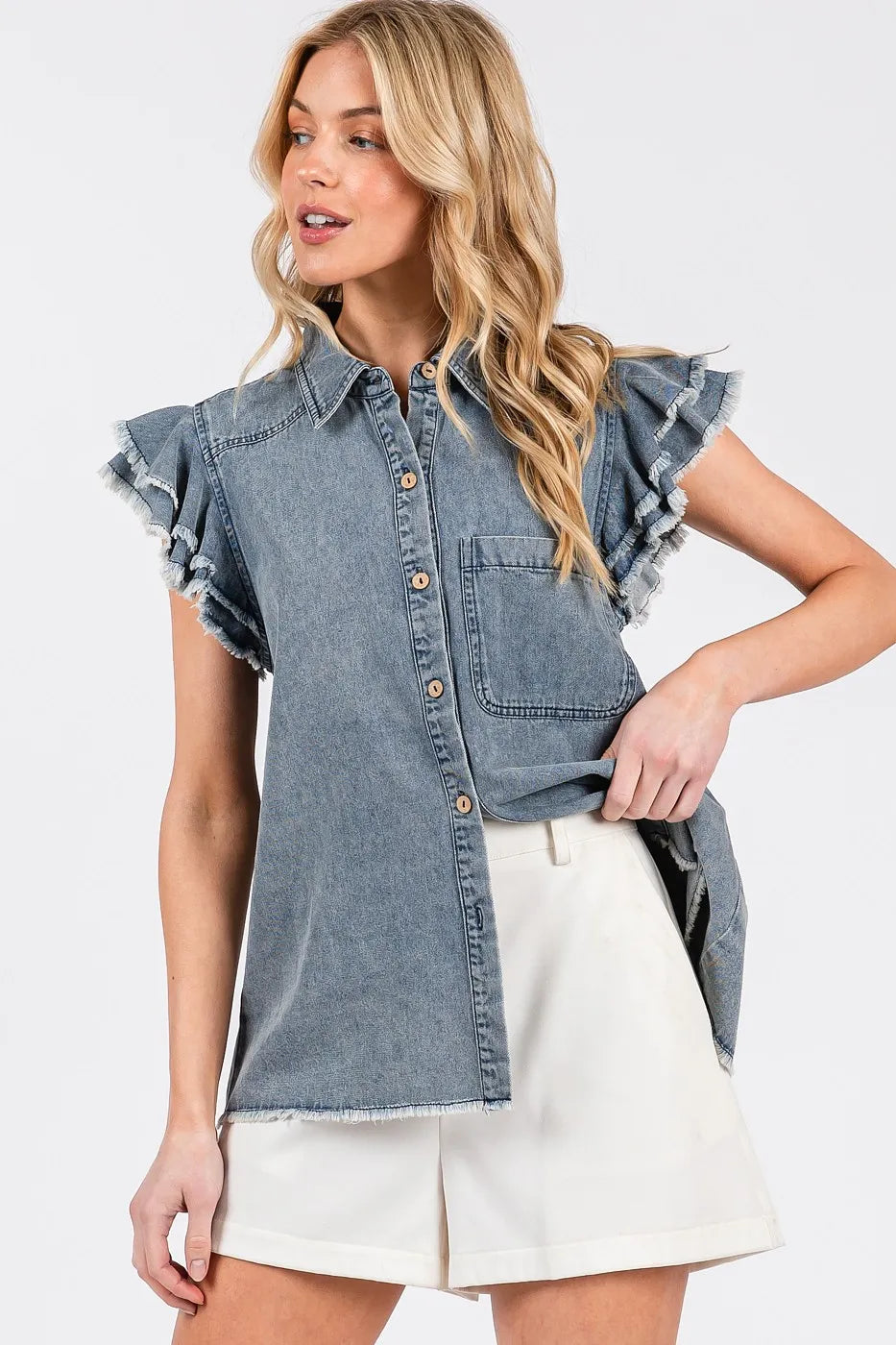 Mittoshop Washed Denim Ruffle Short Sleeve Collared Shirt - Women / Jeans & Denim by Trendsi | Available at Handbags Specialist Headquarter