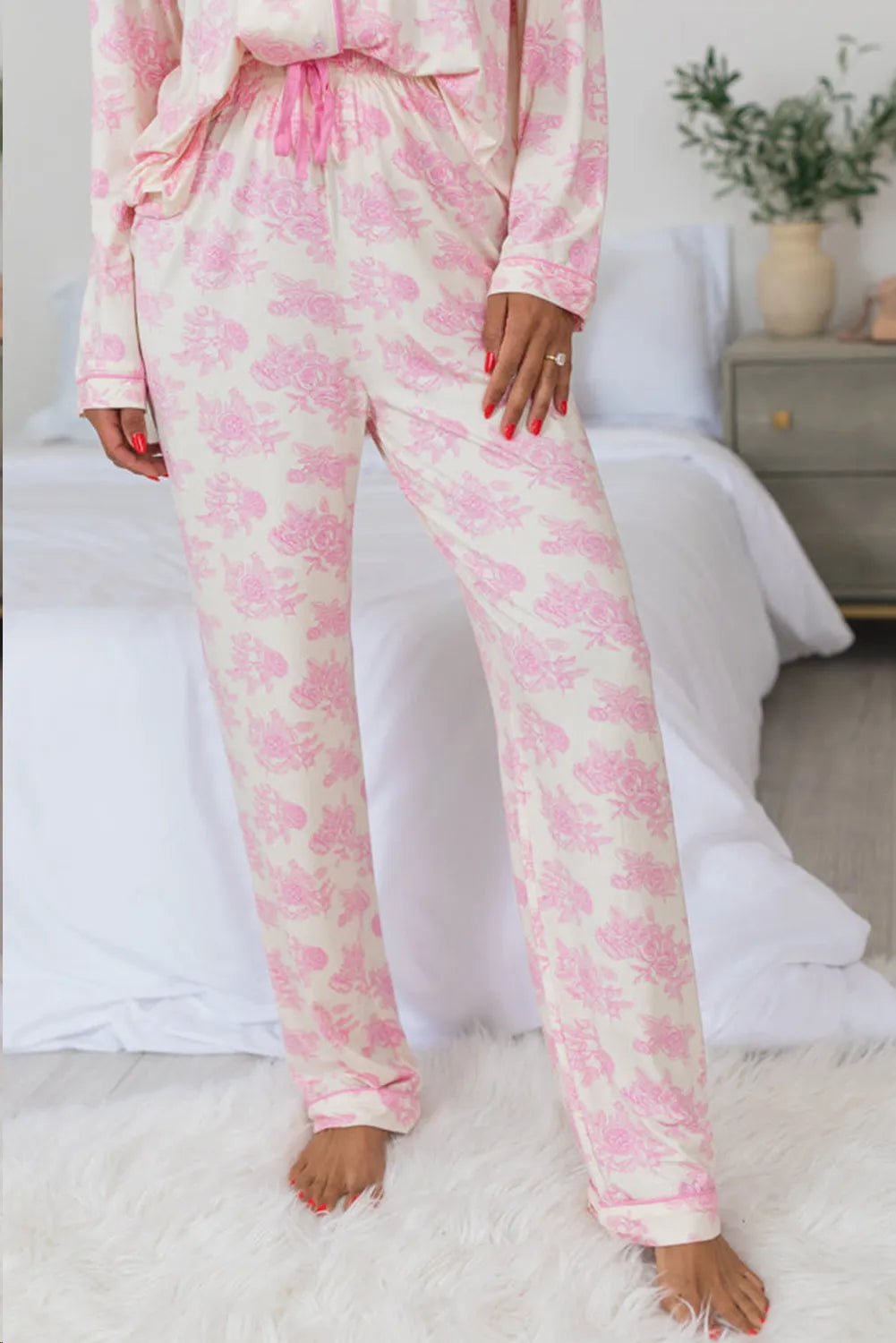 Printed Button Up Long Sleeve Top and Pants Lounge Set - Sleepwear by Trendsi | Available at Handbags Specialist Headquarter