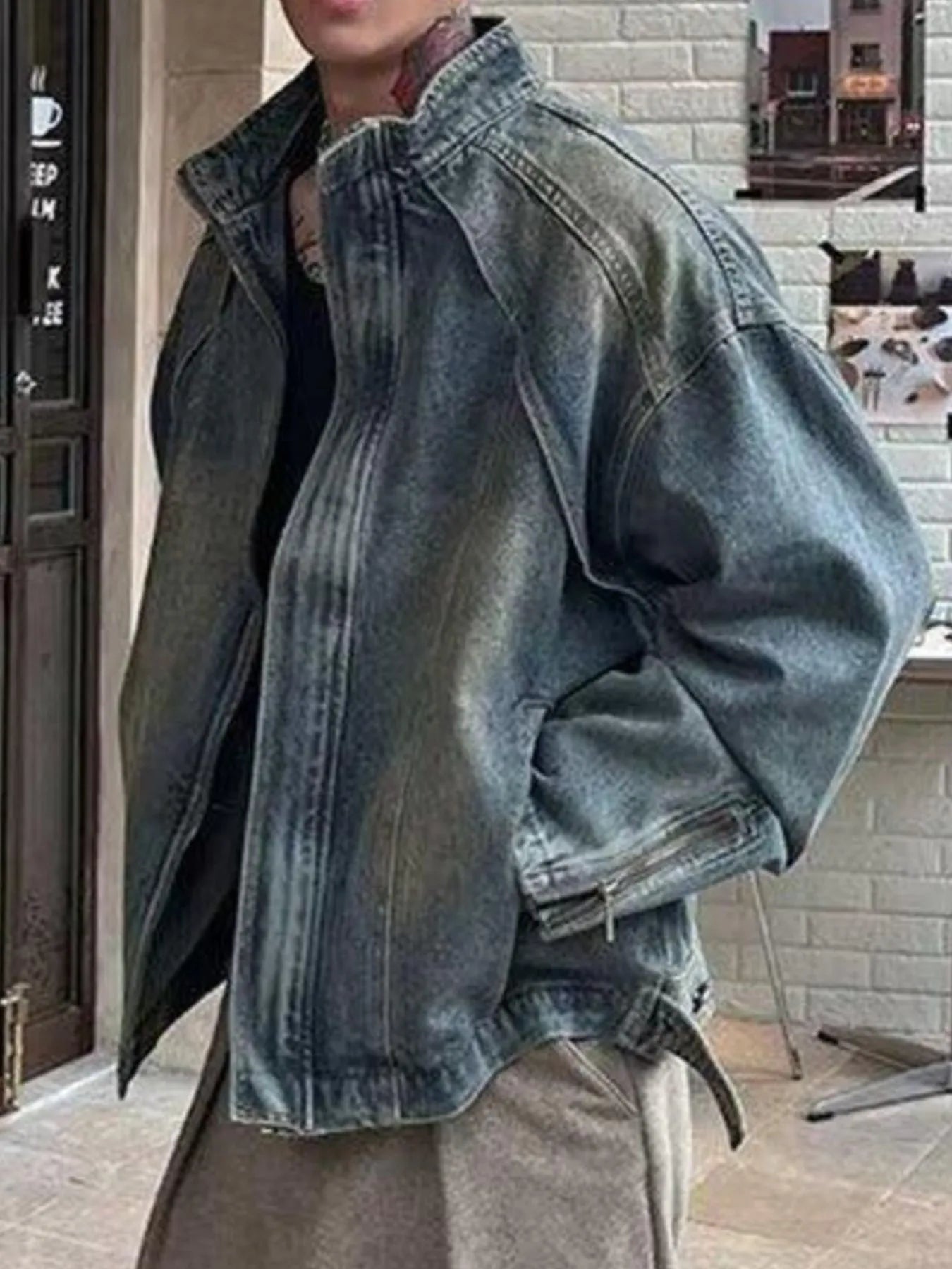 Men's Vintage Washed Denim Jacket with Classic Collar - Men's jackets by Trendsi | Available at Handbags Specialist Headquarter