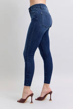 Judy Blue Full Size Mid Rise Skinny Jeans with Raw Hem Plus Size - Women / Jeans & Denim by Trendsi | Available at Handbags Specialist Headquarter
