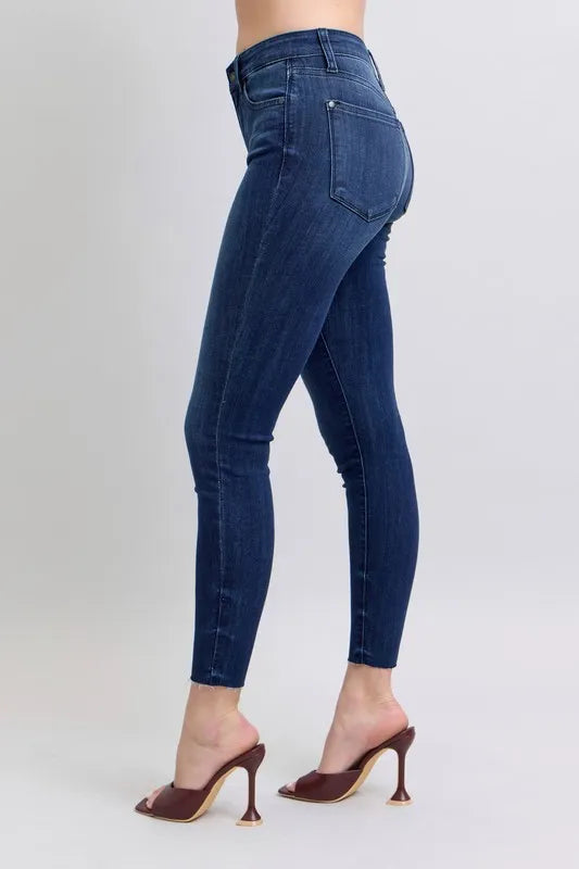 Judy Blue Full Size Mid Rise Skinny Jeans with Raw Hem Plus Size - Women / Jeans & Denim by Trendsi | Available at Handbags Specialist Headquarter