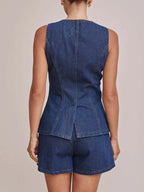 Button Down Vest and Shorts Denim Set - Women / Jeans & Denim by Trendsi | Available at Handbags Specialist Headquarter