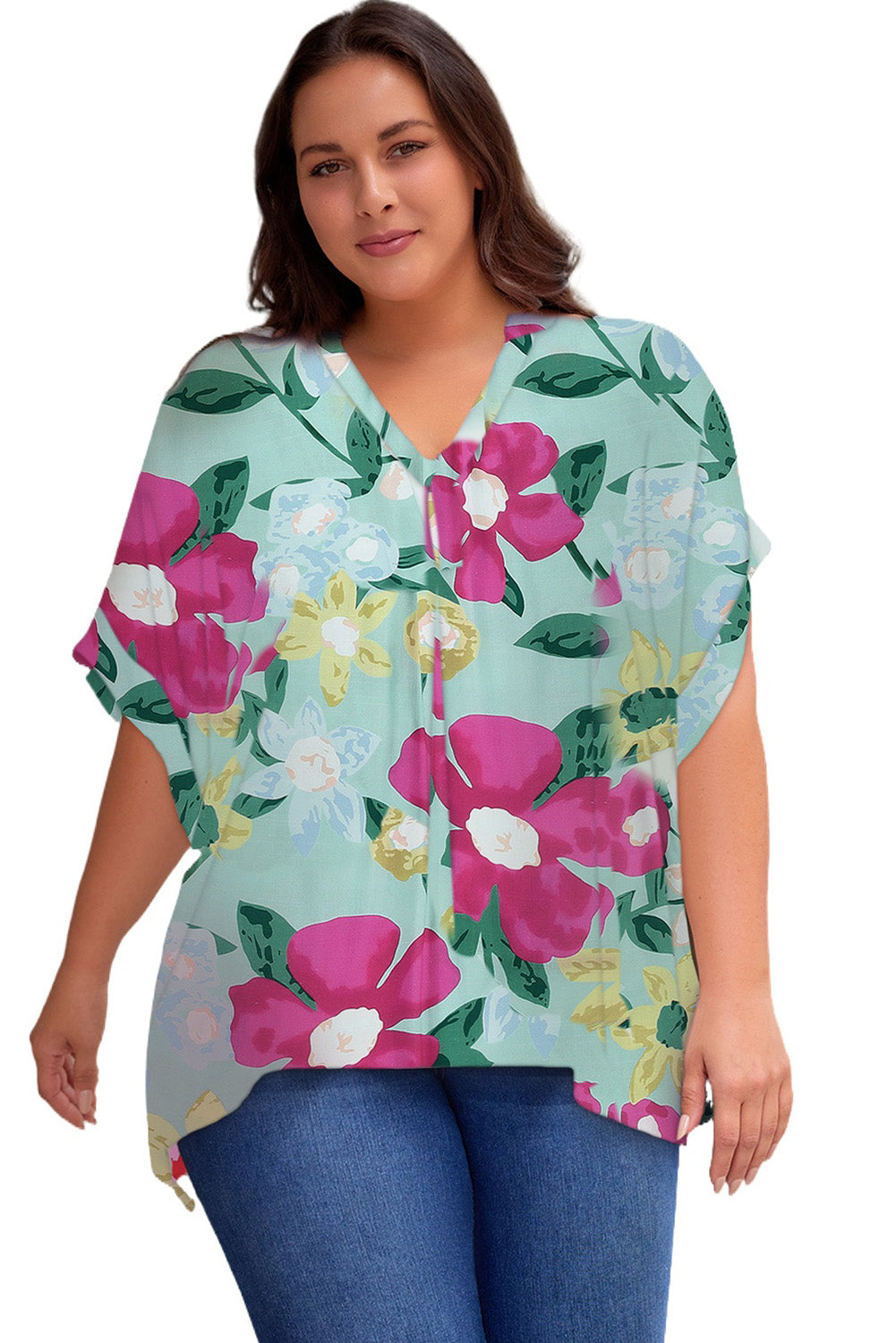 Plus Size Printed Notched Neck Half Sleeve Top - Plus Size Shirts by Trendsi | Available at Handbags Specialist Headquarter