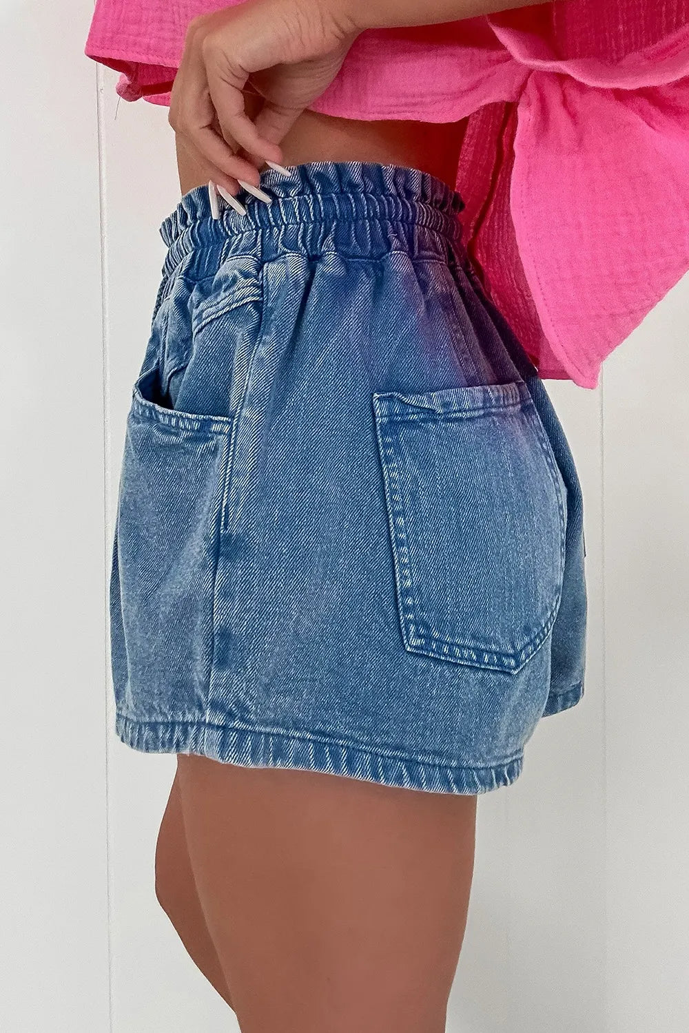 Drawstring High Waist Denim Shorts with Pockets - Women / Jeans & Denim by Trendsi | Available at Handbags Specialist Headquarter