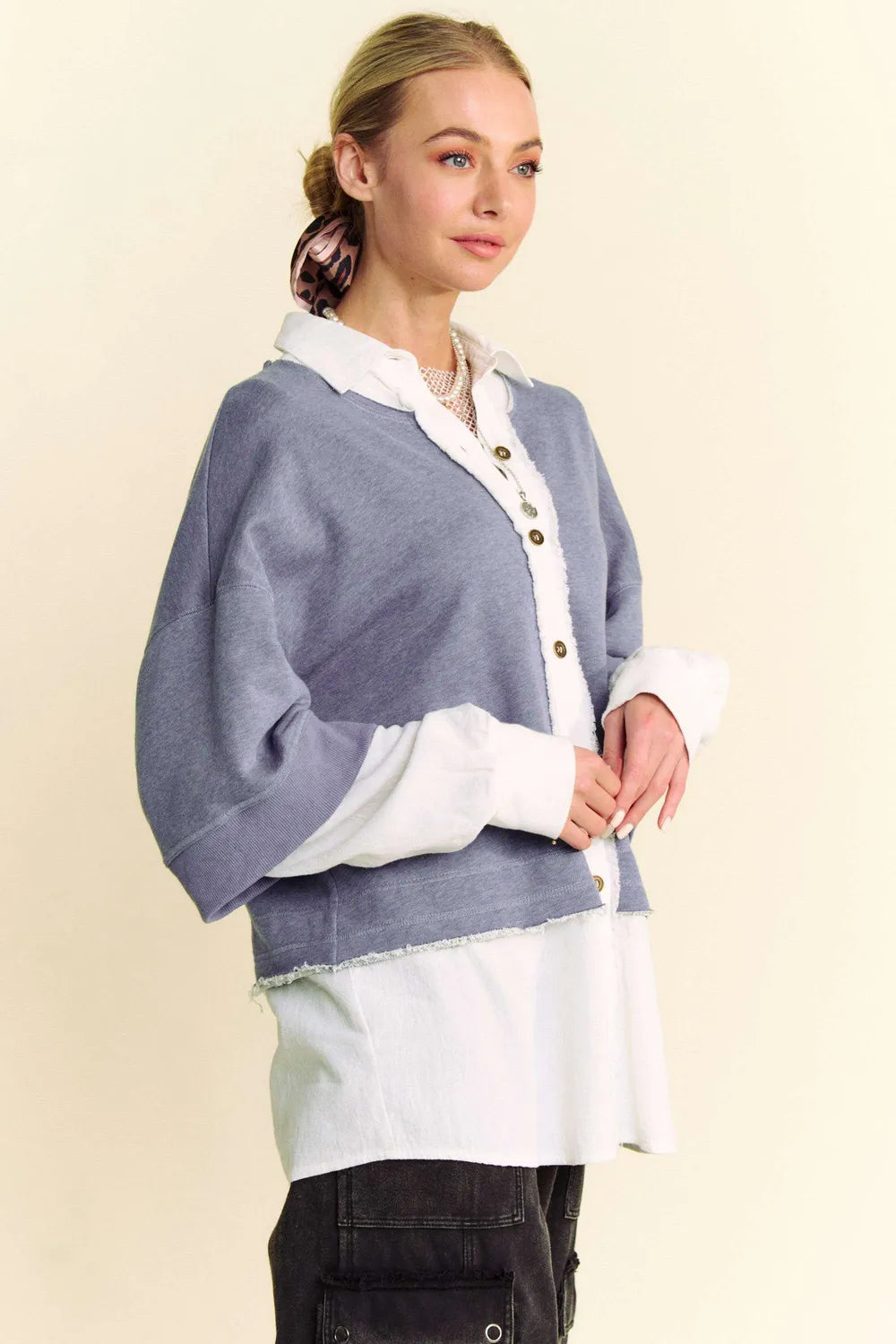 Davi & Dani Faux Layered French Terry Contrast Top - Women / Jeans & Denim by Trendsi | Available at Handbags Specialist Headquarter