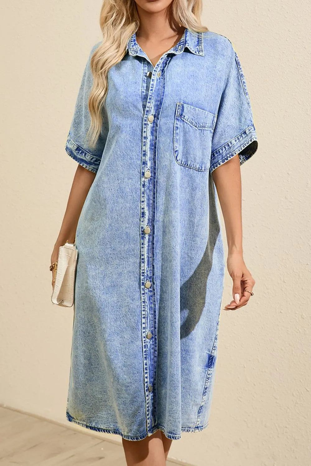 Oversized Button Down Denim Shirt Dress - Women / Jeans & Denim by Trendsi | Available at Handbags Specialist Headquarter