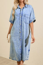 Oversized Button Down Denim Shirt Dress - Women / Jeans & Denim by Trendsi | Available at Handbags Specialist Headquarter